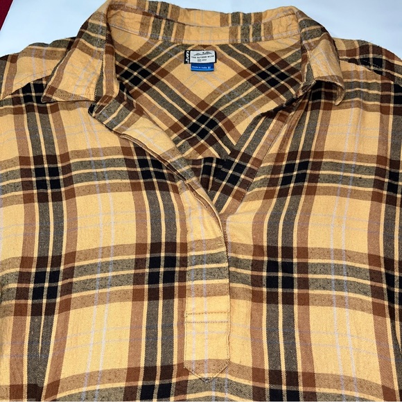 KAVU brown Tan Plaid 1/2 Button Flannel Shirt Big Front Pockets Tunic Cotton Med - Picture 10 of 13